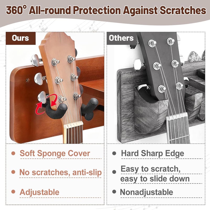 Outink Guitar Wall Mount Shelf with Pick Holder, Walnut Wood Guitar Hanger Rack with Rotatable Yoke and 3 Storage Hooks for Acoustic, Electric, Bass, Ukulele - Image 4